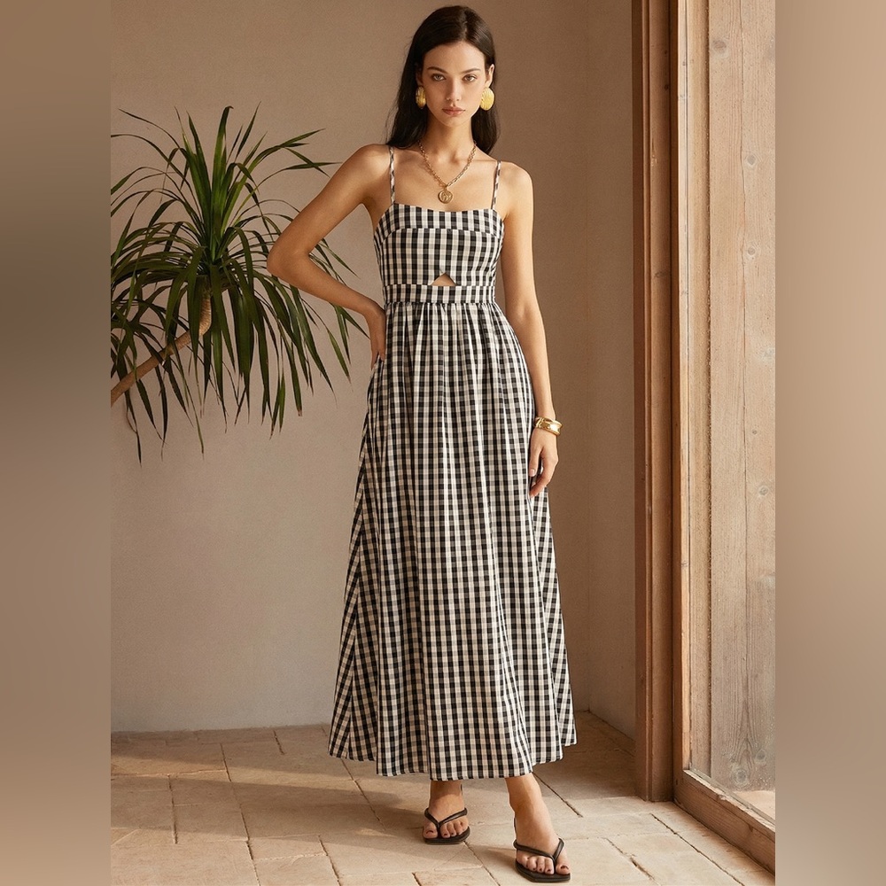 Commense Gingham Maxi Dress with Cutout